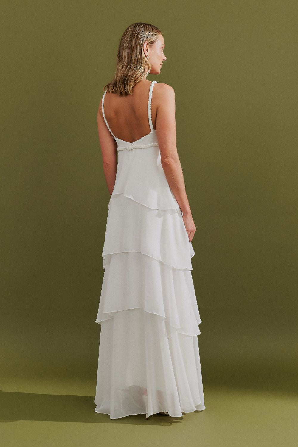 Vestido Longo com decote V e Saia em Camadas Sobrepostas - Laguna Off White