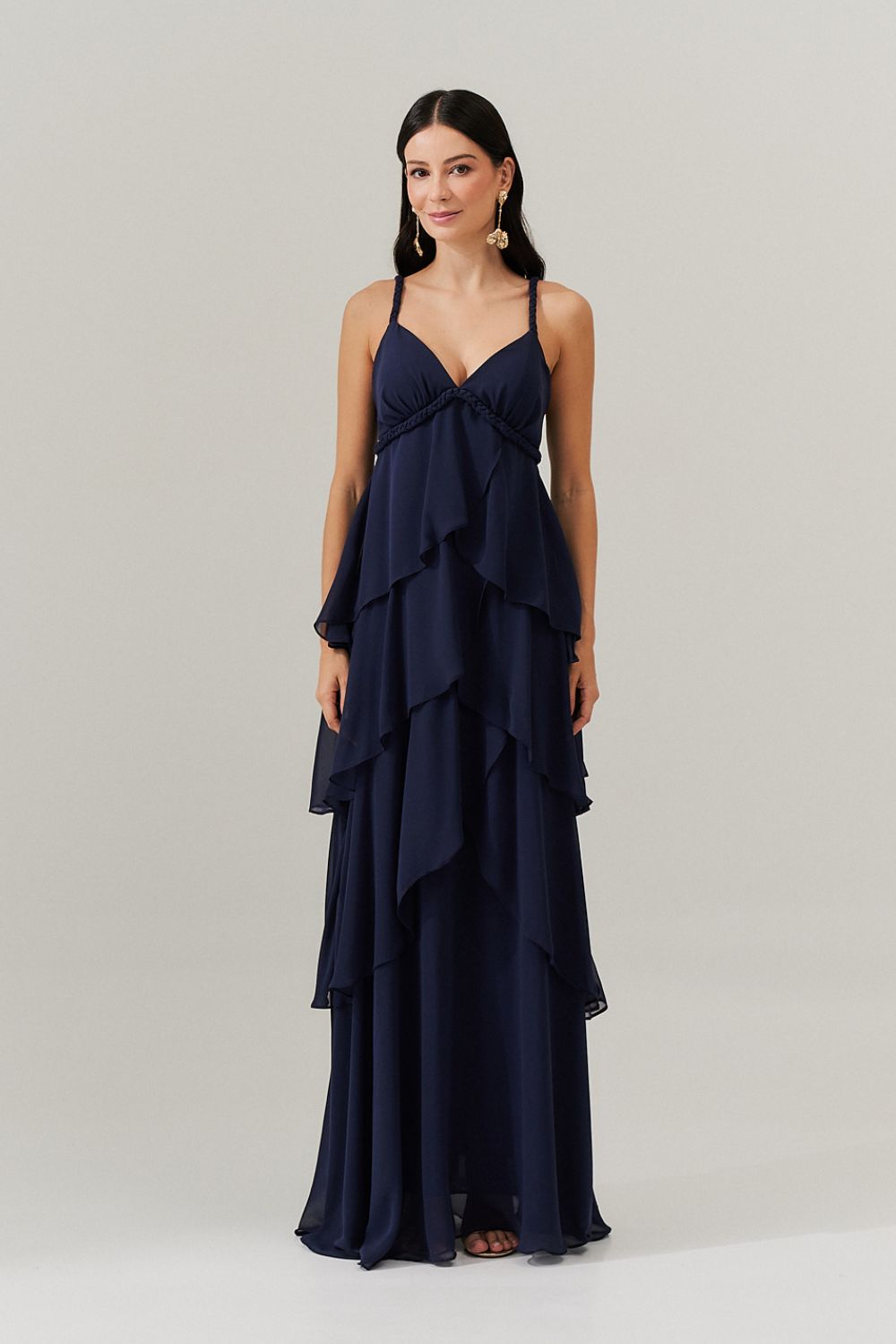 Vestido Longo com decote V e Saia em Camadas Sobrepostas - Laguna Azul Marinho