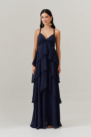 Vestido Longo com decote V e Saia em Camadas Sobrepostas - Laguna Azul Marinho