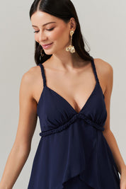 Vestido Longo com decote V e Saia em Camadas Sobrepostas - Laguna Azul Marinho