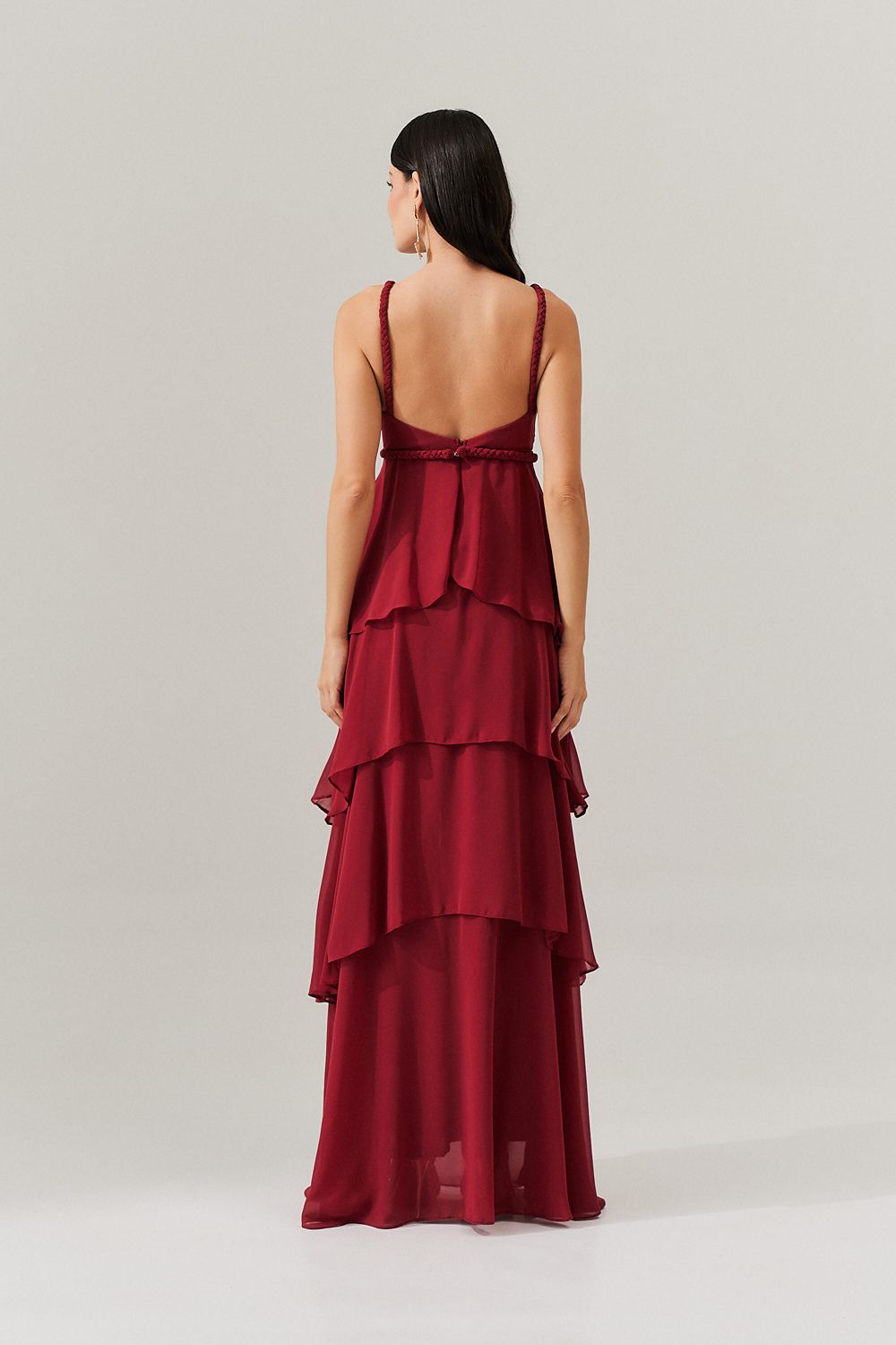 Vestido Longo com decote V e Saia em Camadas Sobrepostas - Laguna Marsala