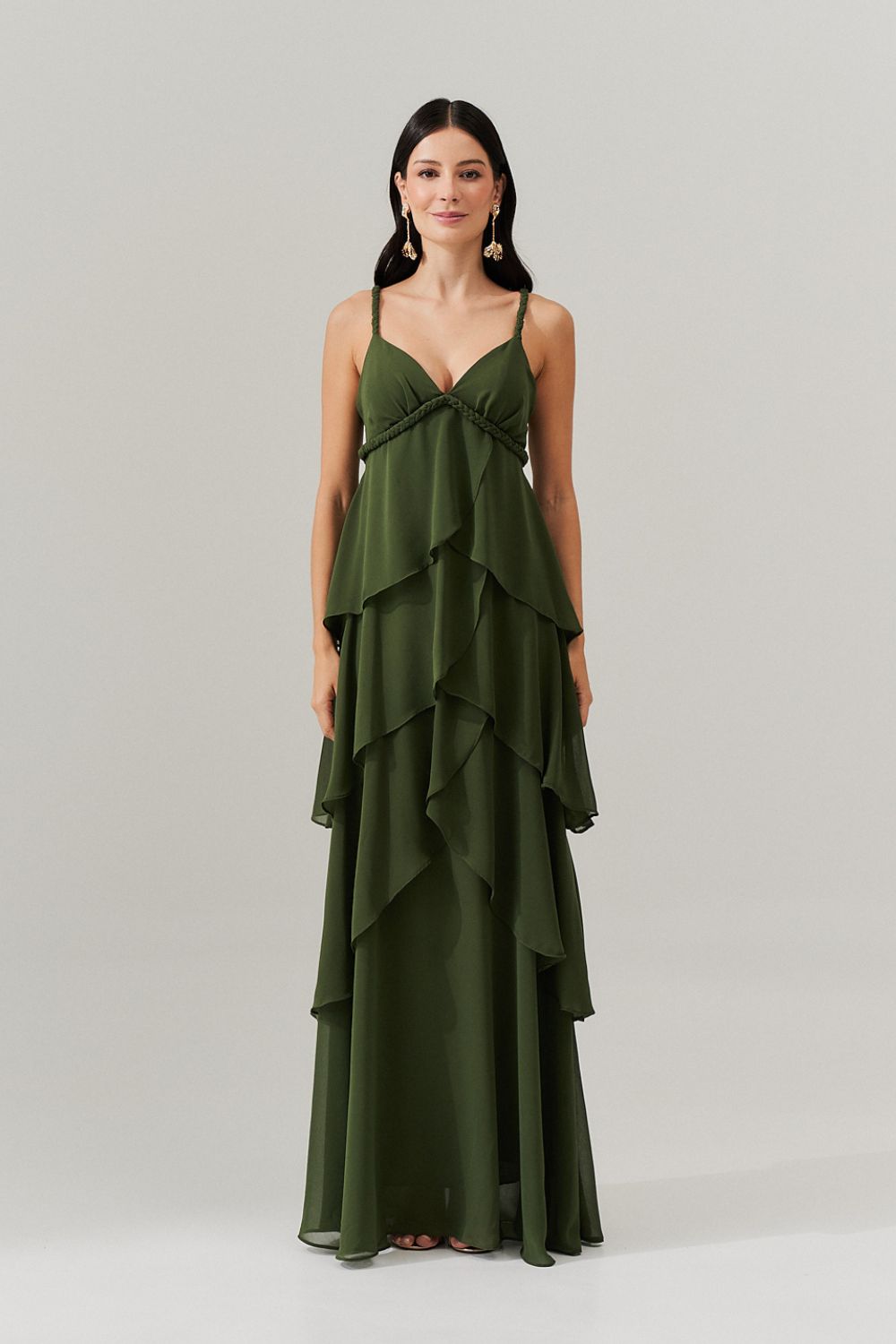 Vestido Longo com decote V e Saia em Camadas Sobrepostas - Laguna Oliva