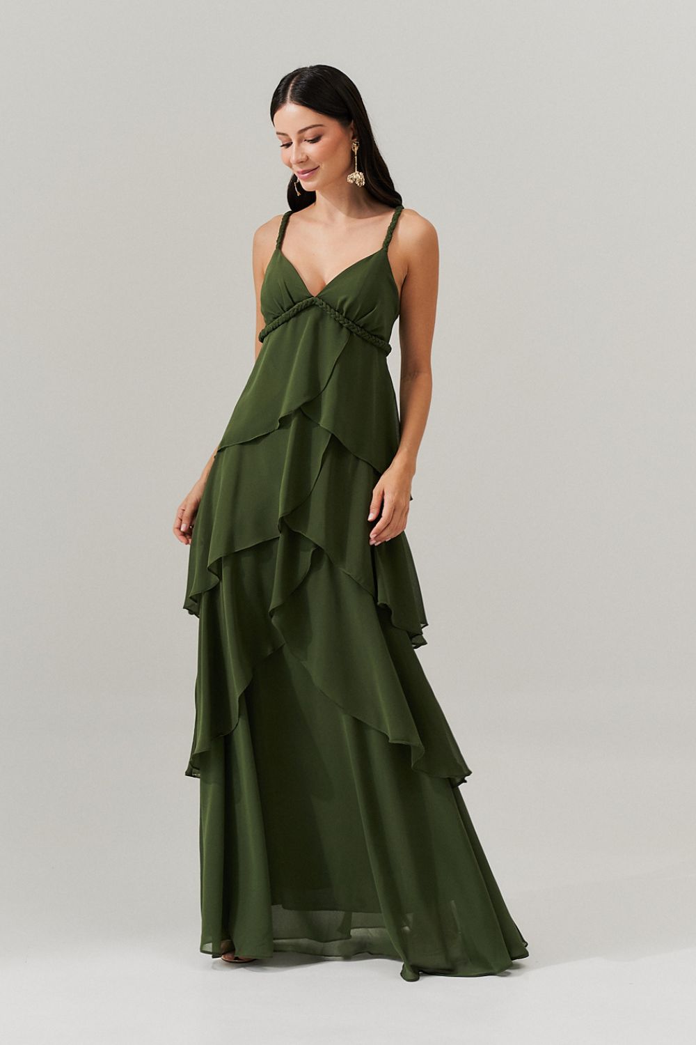 Vestido Longo com decote V e Saia em Camadas Sobrepostas - Laguna Oliva