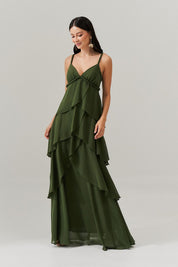 Vestido Longo com decote V e Saia em Camadas Sobrepostas - Laguna Oliva