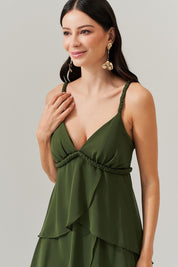 Vestido Longo com decote V e Saia em Camadas Sobrepostas - Laguna Oliva