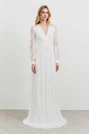 Vestido Longo com Decote V, Manga Longa com Abertura Lateral e Renda - Alessa Off White