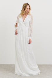 Vestido Longo com Decote V, Manga Longa com Abertura Lateral e Renda - Alessa Off White