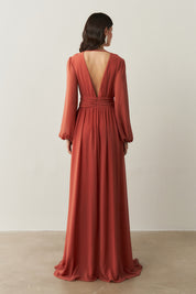 Vestido Longo com Decote V, Manga Longa e Fenda Lateral - Fabíola II Terracota