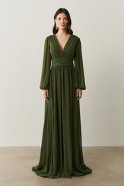 Vestido Longo com Decote V, Manga Longa e Fenda Lateral - Fabíola II Verde Oliva