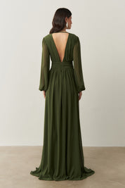 Vestido Longo com Decote V, Manga Longa e Fenda Lateral - Fabíola II Verde Oliva