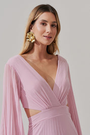 Vestido Longo com Decote V, Manga Longa e Saia Plissada - Bene Rosa