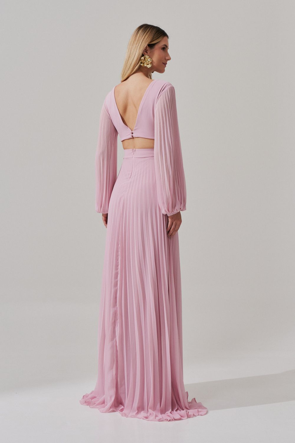 Vestido Longo com Decote V, Manga Longa e Saia Plissada - Bene Rosa