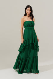 Vestido Longo com Franzidos no Busto, Saia em Babados e Cinto Removível - Salta Bandeira