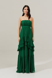 Vestido Longo com Franzidos no Busto, Saia em Babados e Cinto Removível - Salta Bandeira