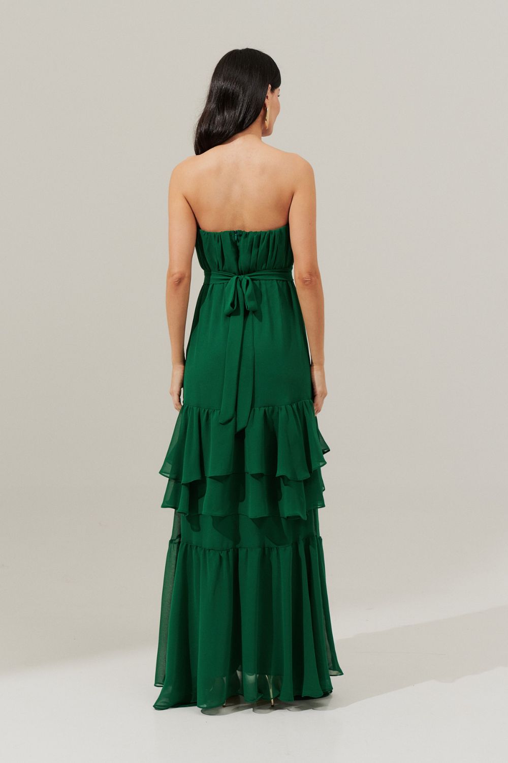 Vestido Longo com Franzidos no Busto, Saia em Babados e Cinto Removível - Salta Bandeira