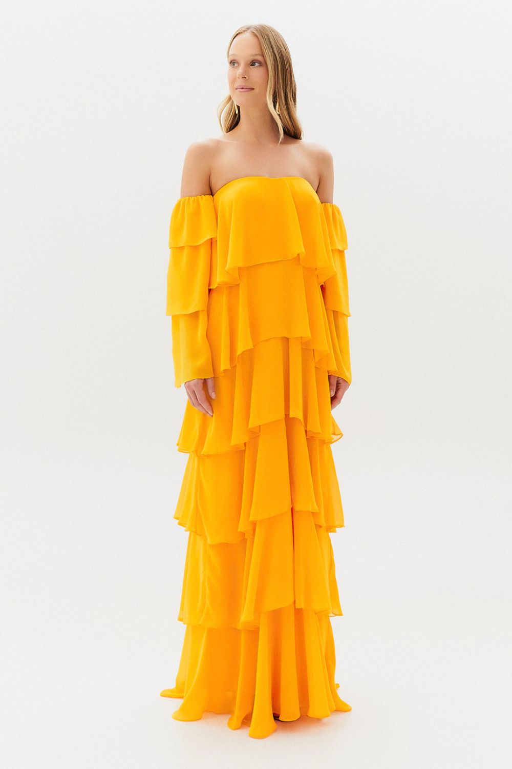 Vestido Longo com Manga Removivel e Babados em Camadas   - França Amarelo Manga