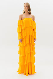 Vestido Longo com Manga Removivel e Babados em Camadas   - França Amarelo Manga