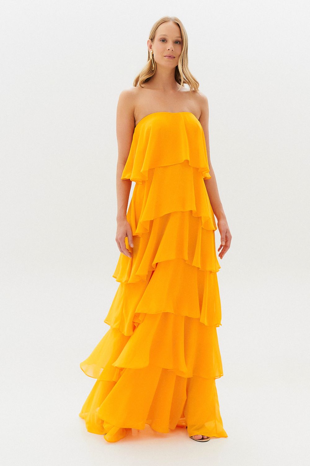 Vestido Longo com Manga Removivel e Babados em Camadas   - França Amarelo Manga