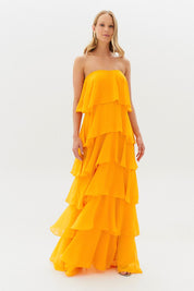 Vestido Longo com Manga Removivel e Babados em Camadas   - França Amarelo Manga