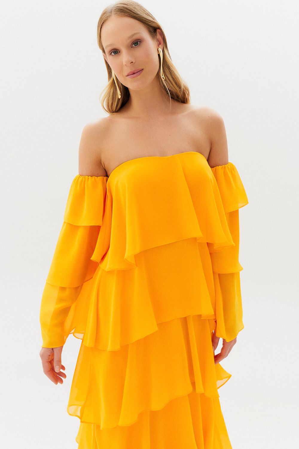 Vestido Longo com Manga Removivel e Babados em Camadas   - França Amarelo Manga