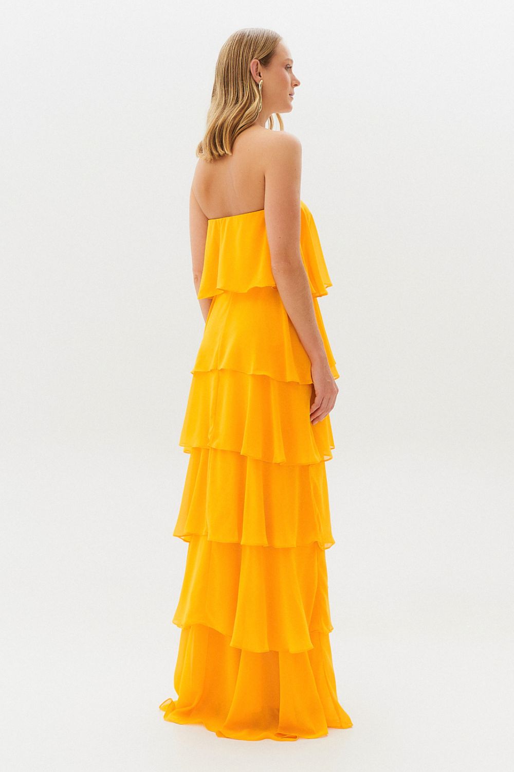 Vestido Longo com Manga Removivel e Babados em Camadas   - França Amarelo Manga