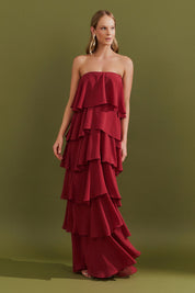 Vestido Longo com Manga Removivel e Babados em Camadas   - França Marsala