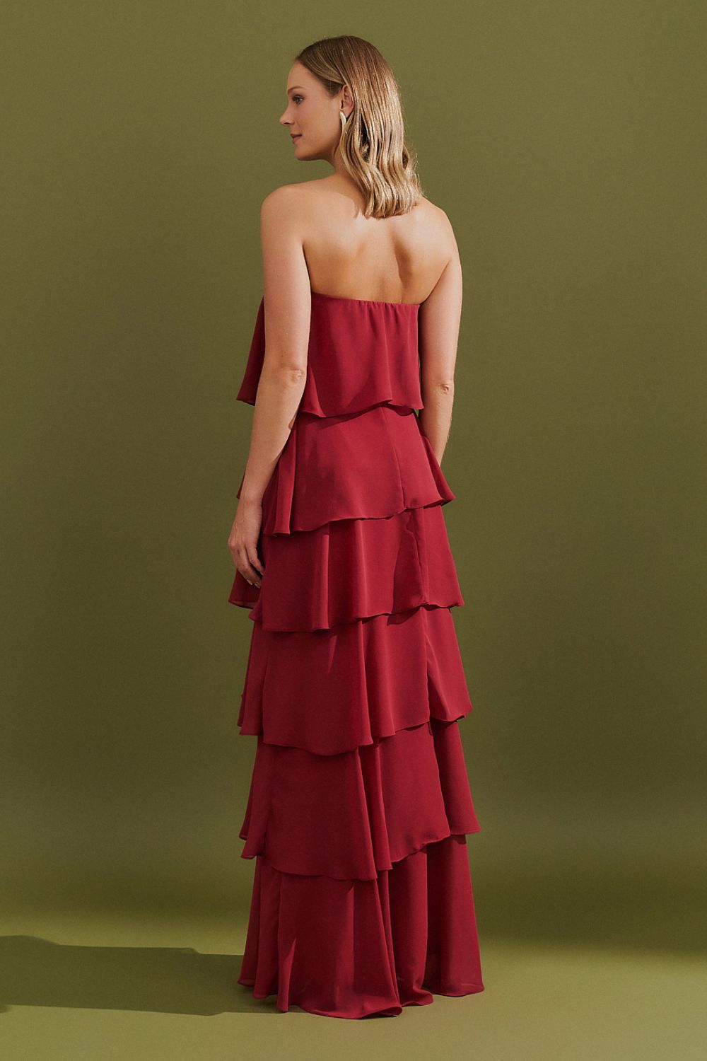 Vestido Longo com Manga Removivel e Babados em Camadas   - França Marsala