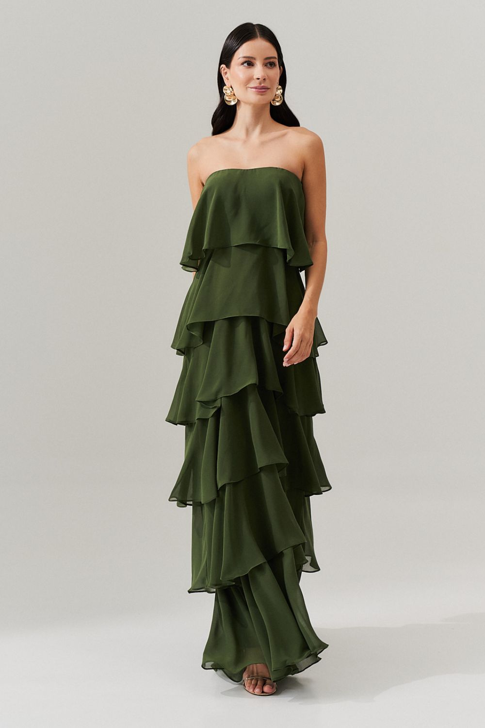 Vestido Longo com Manga Removivel e Babados em Camadas   - França Oliva