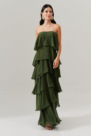 Vestido Longo com Manga Removivel e Babados em Camadas   - França Oliva