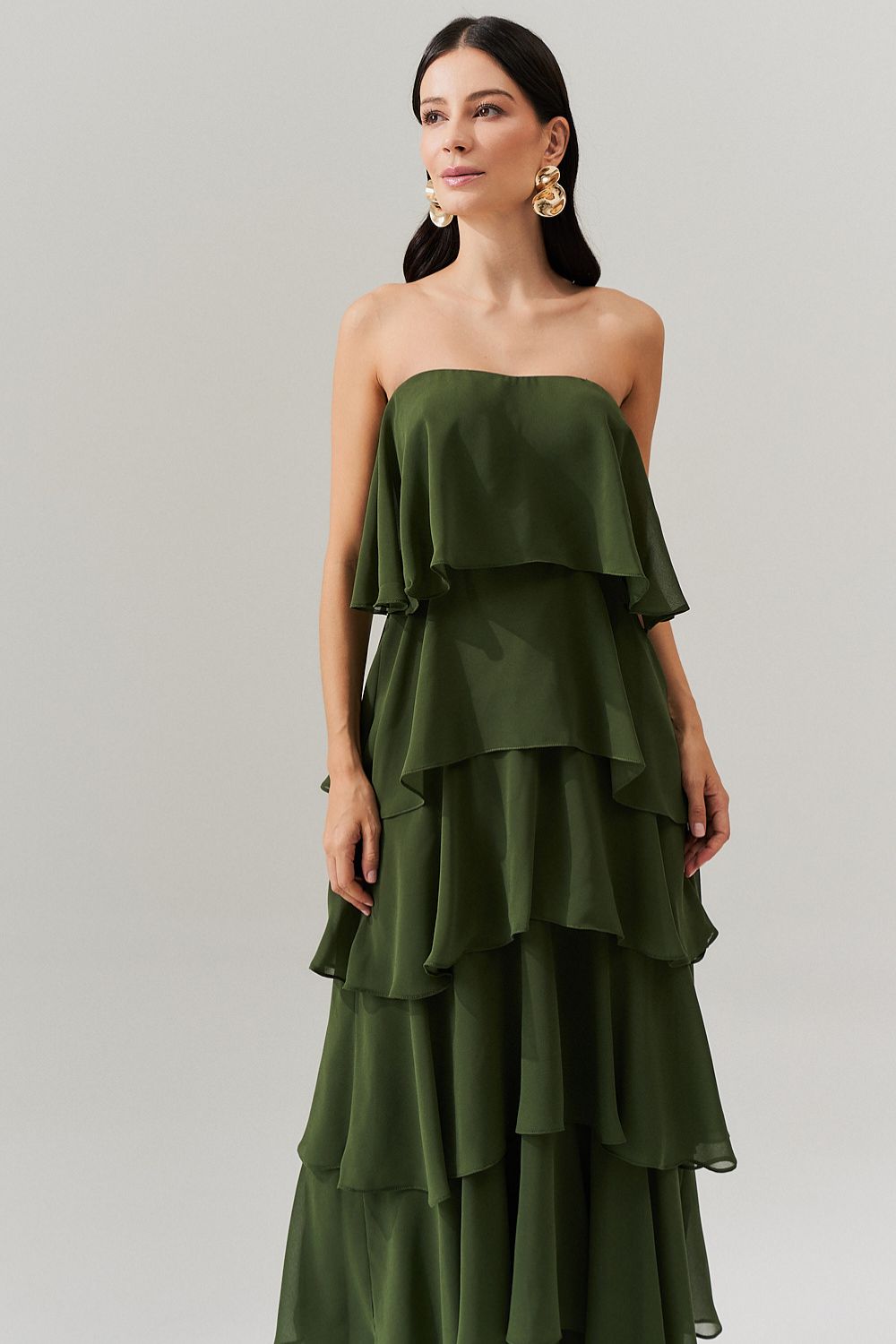 Vestido Longo com Manga Removivel e Babados em Camadas   - França Oliva