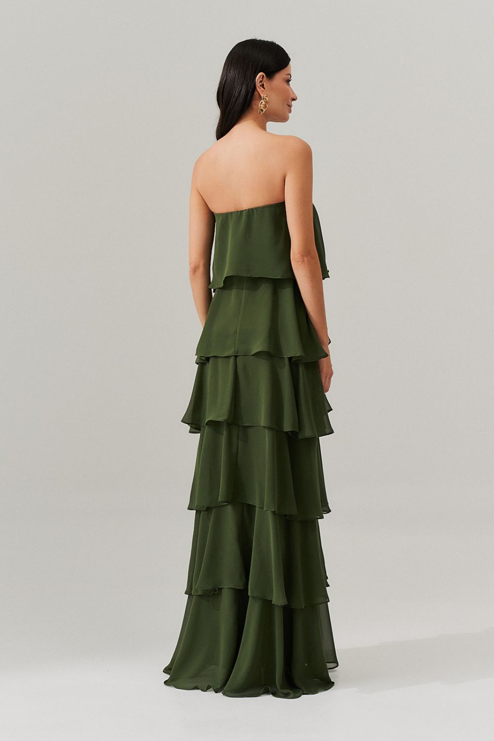 Vestido Longo com Manga Removivel e Babados em Camadas   - França Oliva