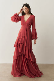 Vestido Longo com Mangas Longas e Saia em Camadas - Lyon Canela