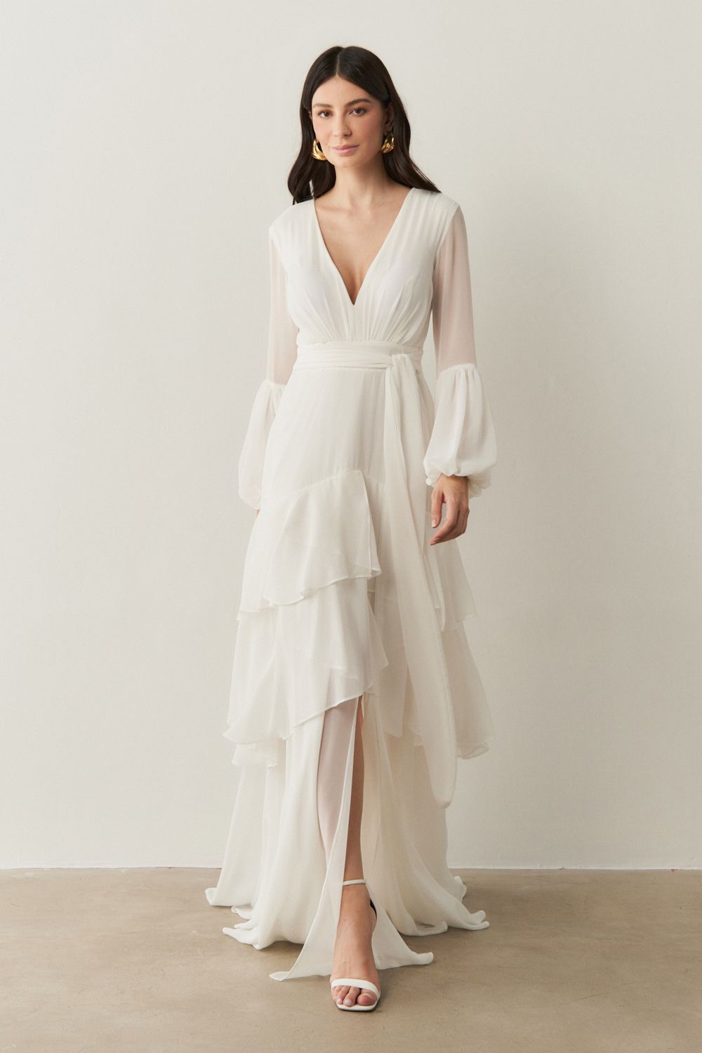 Vestido Longo com Mangas Longas e Saia em Camadas - Lyon Off White