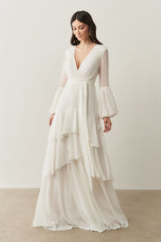 Vestido Longo com Mangas Longas e Saia em Camadas - Lyon Off White