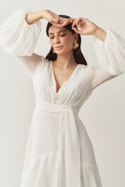 Vestido Longo com Mangas Longas e Saia em Camadas - Lyon Off White