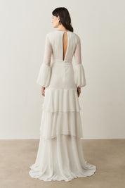 Vestido Longo com Mangas Longas e Saia em Camadas - Lyon Off White