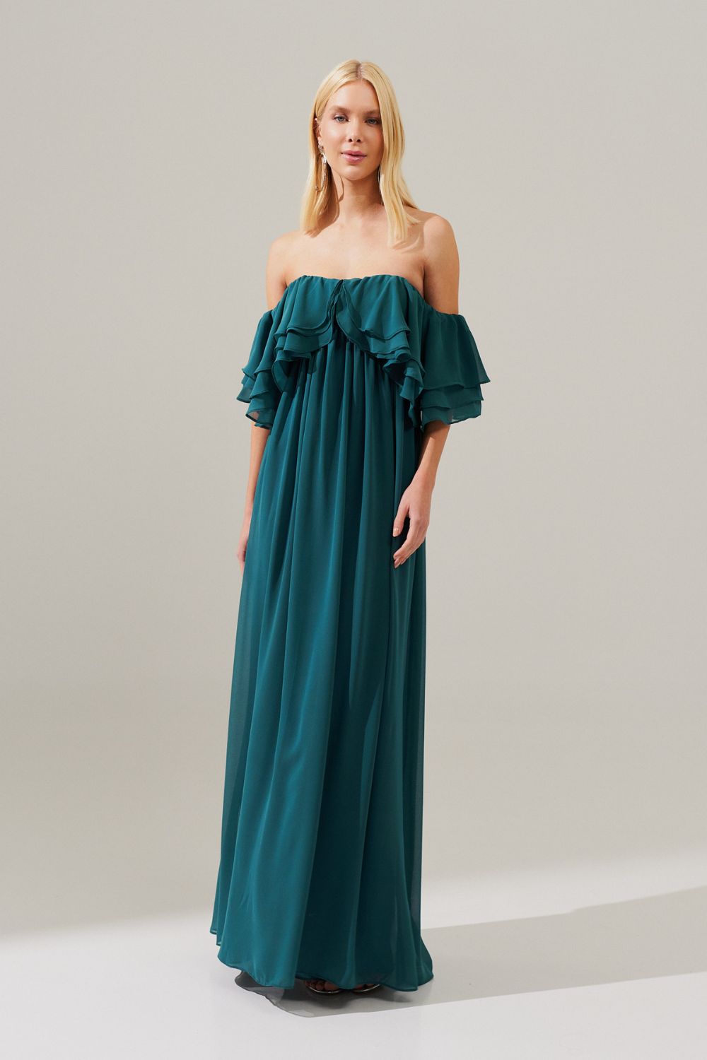 Vestido Longo com Mangas Ombro a Ombro e Babados - Himalaia Petróleo