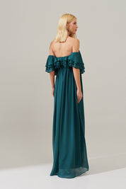 Vestido Longo com Mangas Ombro a Ombro e Babados - Himalaia Petróleo