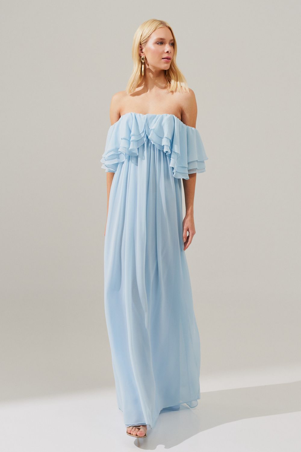 Vestido Longo com Mangas Ombro a Ombro e Babados - Himalaia Serenity