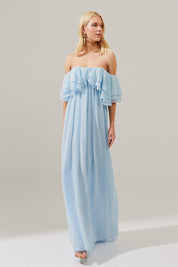 Vestido Longo com Mangas Ombro a Ombro e Babados - Himalaia Serenity