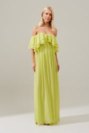 Vestido Longo com Mangas Ombro a Ombro e Babados - Himalaia Verde Lima