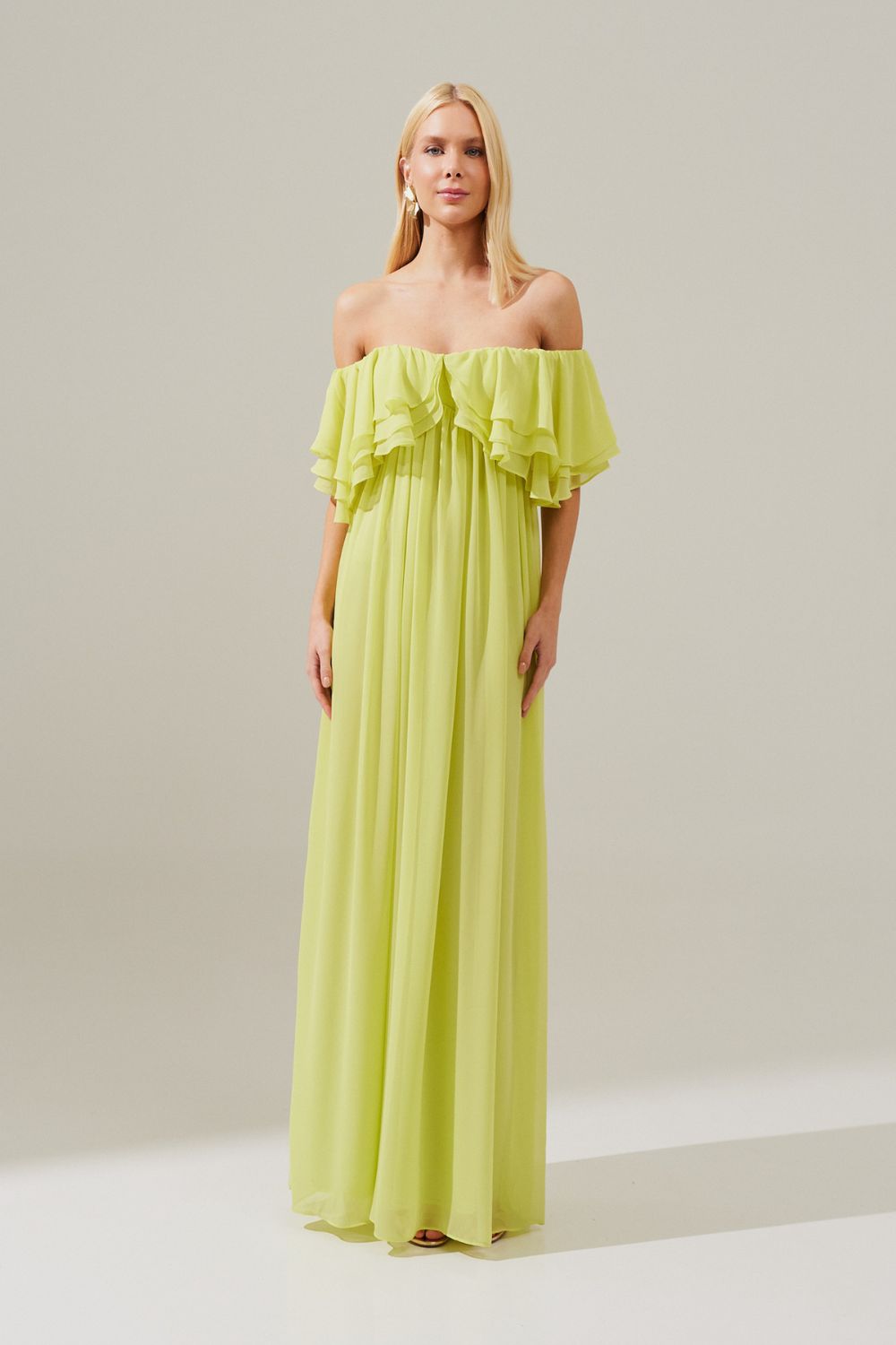 Vestido Longo com Mangas Ombro a Ombro e Babados - Himalaia Verde Lima