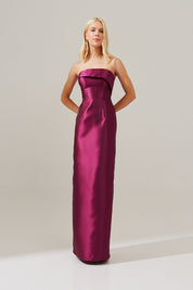 Vestido longo com Pala Assimétrica com Saia Lápis e Fenda traseira - Malásia Fúcsia
