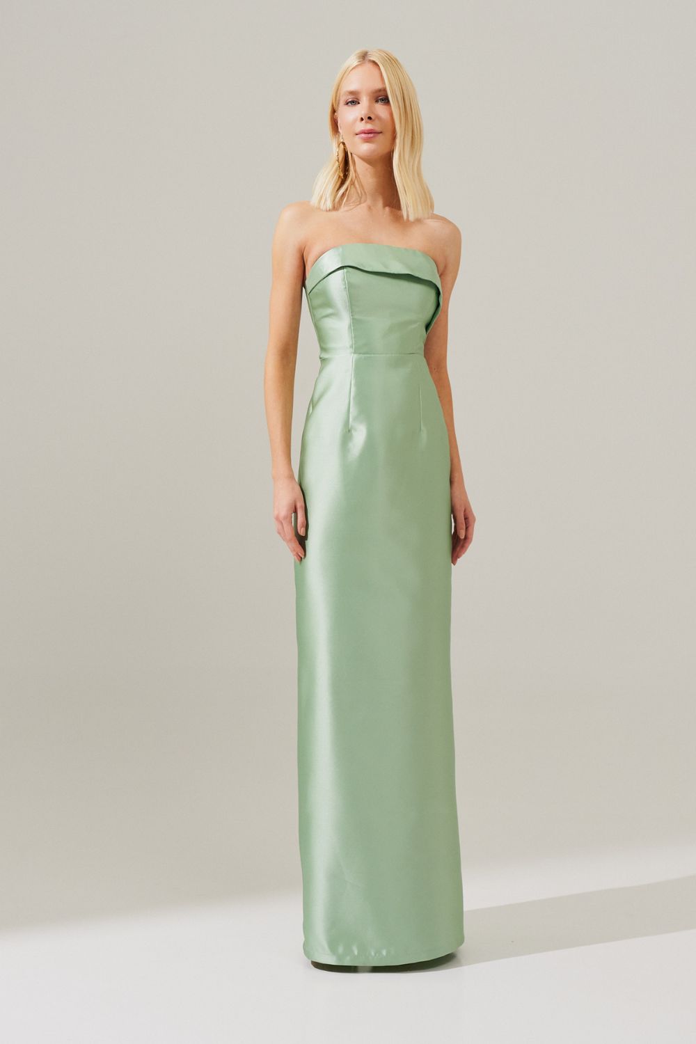 Vestido longo com Pala Assimétrica com Saia Lápis e Fenda traseira - Malásia Menta