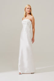 Vestido longo com Pala Assimétrica com Saia Lápis e Fenda traseira - Malásia Off White