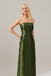 Vestido longo com Pala Assimétrica com Saia Lápis e Fenda traseira - Malásia Oliva