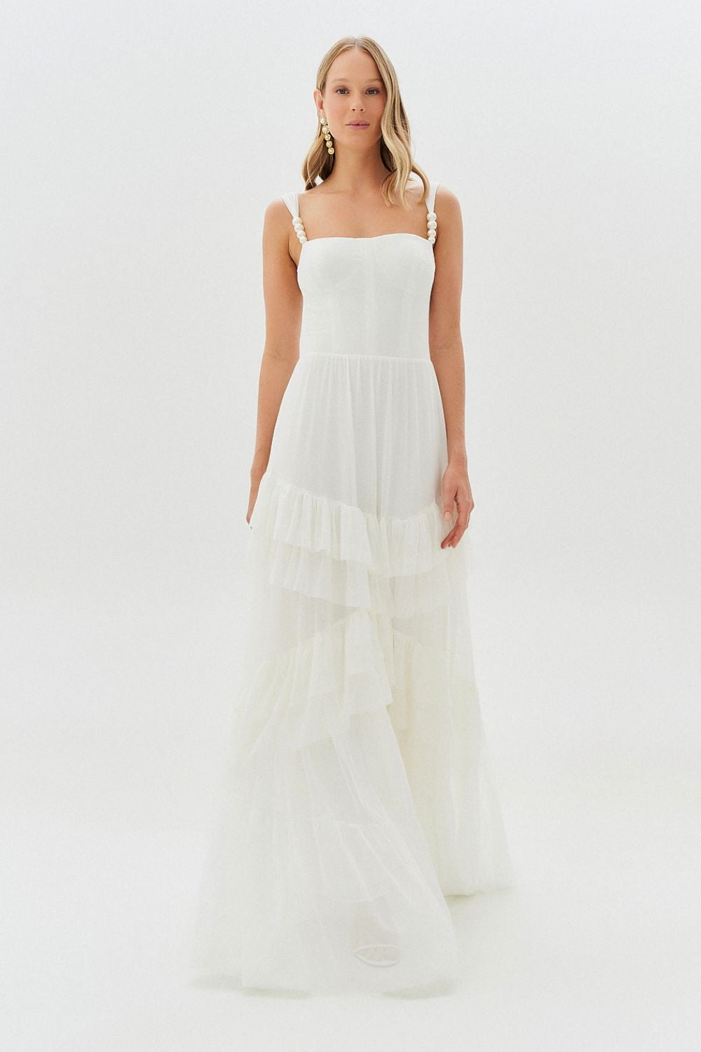 Vestido Longo de Alças com Pérolas e Saia em Babados - Fuji Off White