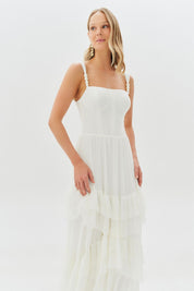 Vestido Longo de Alças com Pérolas e Saia em Babados - Fuji Off White