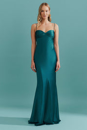 Vestido Longo de Cetim com Decote Coração Franzido - Croácia Petroleo