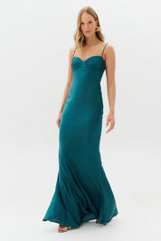 Vestido Longo de Cetim com Decote Coração Franzido - Croácia Petroleo